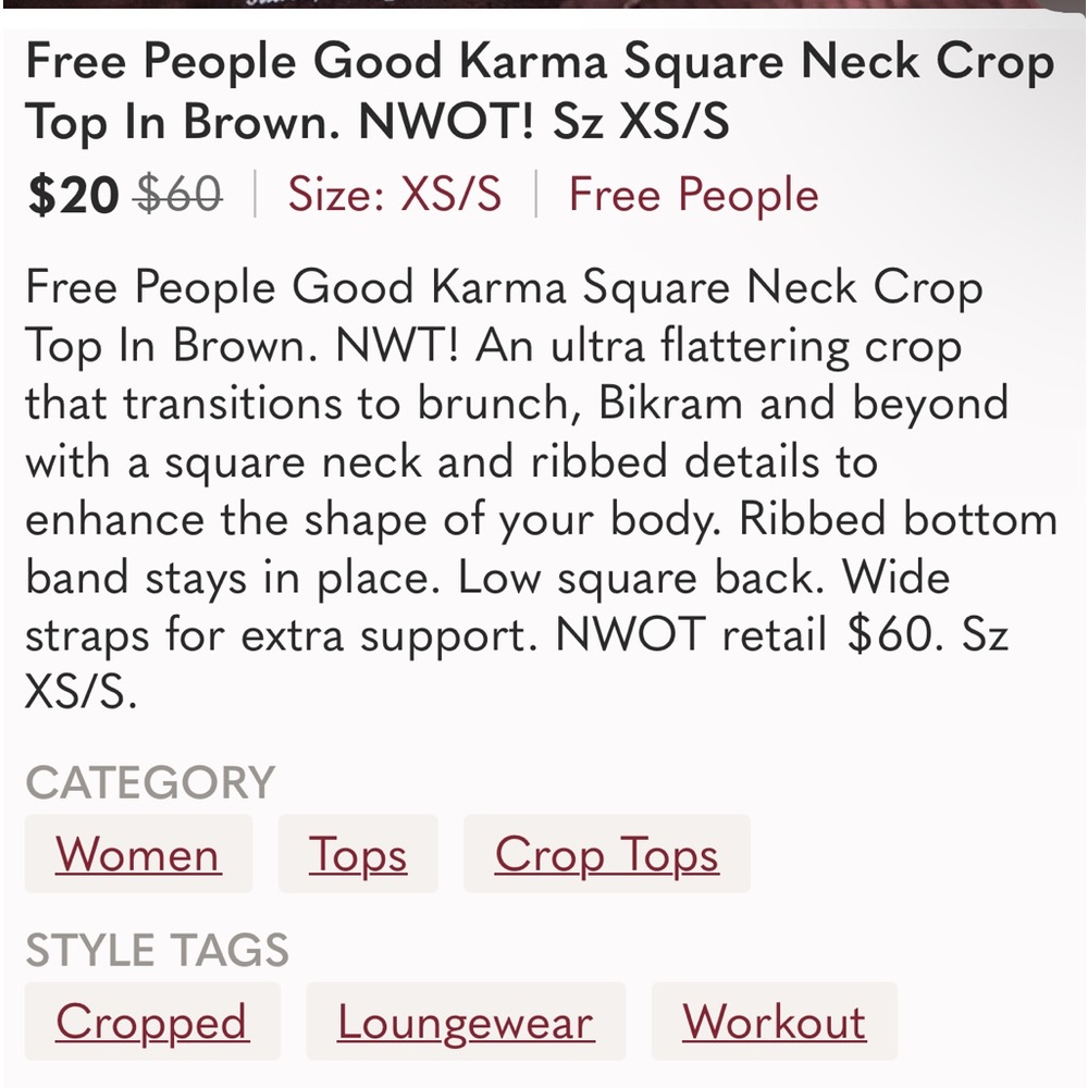 NWOT - Free People Good Karma Square Neck Bra - Size XS/SM Brown - Picture 8 of 8